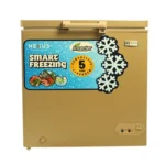 Gold chest freezer with a blue label reading Smart Freezing and snowflake graphics Nexus branding and an inverter5 year claim on the front panel