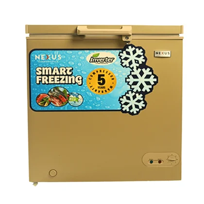 NEXUS 150L Inverter Chest Freezer NX160HEI Gold | Mitos Shoppers Gold chest freezer with a blue label reading Smart Freezing and snowflake graphics Nexus branding and an inverter5 year claim on the front panel