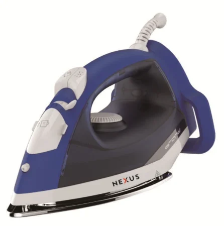 Blue and white steam iron with a large transparent water tank and metal soleplate, labeled Nexus, on a white background.