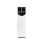 White tall tower air conditionerfan unit with horizontal vents at the top and a curved control panel area mid front