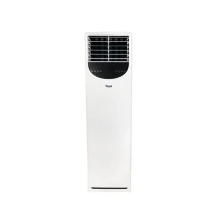 White tall tower air conditionerfan unit with horizontal vents at the top and a curved control panel area mid front