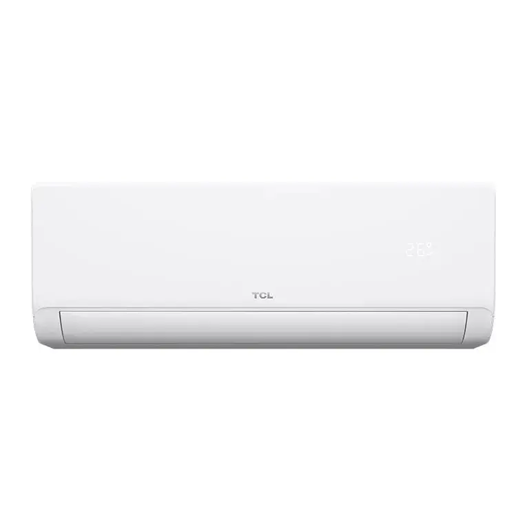 White TCL wall mounted air conditioner with a digital display showing 26°C