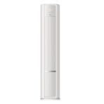 Tall white floor standing tower air conditioner unit with a slim vertical design and control panel at the top display area