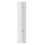 Tall white floor standing tower air conditioner unit with a slim vertical design and control panel at the top display area
