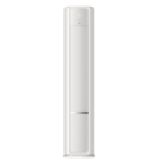 Tall white floor standing tower air conditioner unit with a slim vertical design and control panel at the top display area