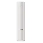 Tall white floor standing tower air conditioner unit with a slim vertical design and control panel at the top display area