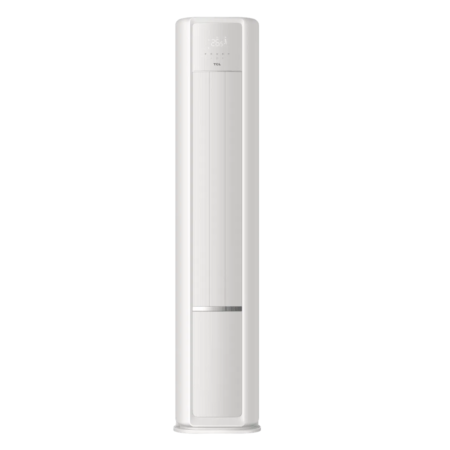Tall white floor standing tower air conditioner unit with a slim vertical design and control panel at the top display area