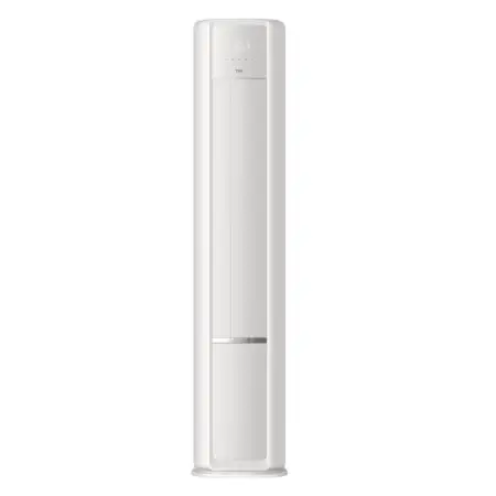 Tall white floor-standing tower air conditioner unit with a slim vertical design and control panel at the top display area