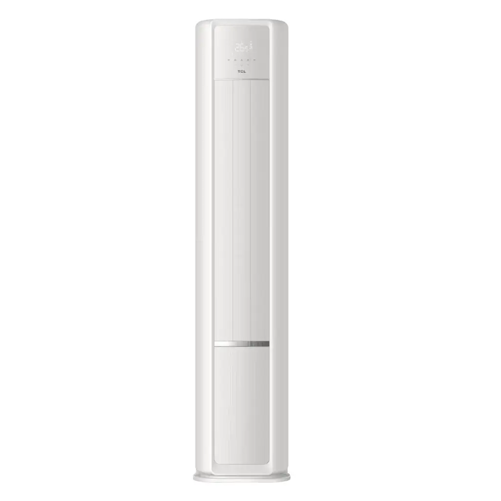 Tall white floor standing tower air conditioner unit with a slim vertical design and control panel at the top display area