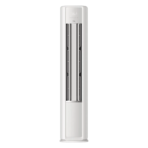 White freestanding tower air conditioner with vertical louvers and a control panel at the top design details visible at the center