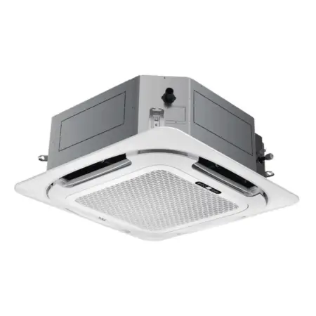 Ceiling-mounted four-way air conditioning cassette diffuser for indoor cooling/heating.