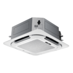 Ceiling mounted cassette air conditioner indoor unit with a white perforated grille and four intake vents