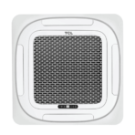 Square portable heater with metal grille and TCL branding featuring control panel at the bottom center