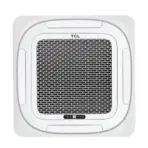 Square portable heater with metal grille and TCL branding featuring control panel at the bottom center