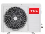 Outdoor TCL air conditioner condenser unit with large circular fan and red TCL logo on the right side panels