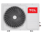 Outdoor TCL air conditioner unit with a large front fan and red TCL logo on the side panel
