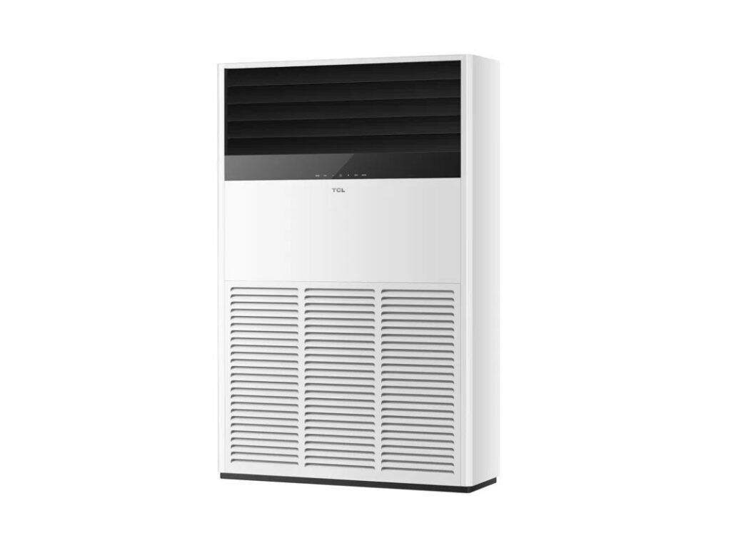 White floor standing air conditioner unit with black upper vents and a vented lower grille TCL branding