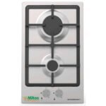 Stainless steel gas cooktop with two burners and black iron grates front control knobs are visible