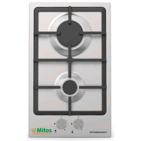 Stainless steel gas cooktop with two burners and black iron grates front control knobs are visible