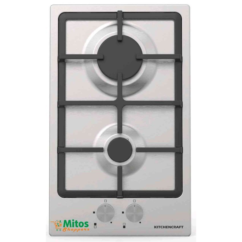 2026051009263671jpg | Mitos Shoppers Stainless steel gas cooktop with two burners and black iron grates front control knobs are visible