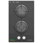 Two burner gas cooktop with metal grates on a dark gray surface and two control knobs at the bottom branding at top and bottom left