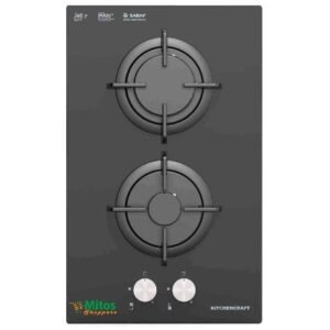 Two burner gas cooktop with metal grates on a dark gray surface and two control knobs at the bottom branding at top and bottom left