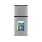 Aeon Barossa 110L Tabletop Refrigerator BRT110G Double Door two door silver refrigerator with bottom freezer and a colorful feature sticker on the lower door