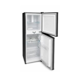 Aeon Barossa 110L Tabletop Refrigerator BRT110G Double Door Inside | Mitos Shoppers Compact black two door refrigerator with top freezer and bottom fridge doors open Aeon Barossa 110L Tabletop Refrigerator BRT110G Double Door