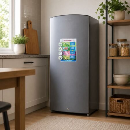 Tall gray refrigerator in a bright kitchen, with a cutting board and potted plant on the counter and open-shelving with jars nearby. AEON Barossa 176L Single Door Refrigerator BRS190S