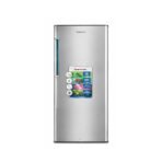 Barossa stainless steel refrigerator with a blue vertical handle on the left and a promotional door sticker Informative product photo AEON Barossa 176L Single Door Refrigerator BRS190SS