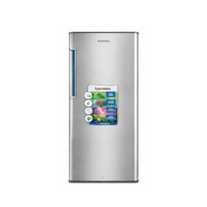 Barossa stainless steel refrigerator with a blue vertical handle on the left and a promotional door sticker Informative product photo AEON Barossa 176L Single Door Refrigerator BRS190SS