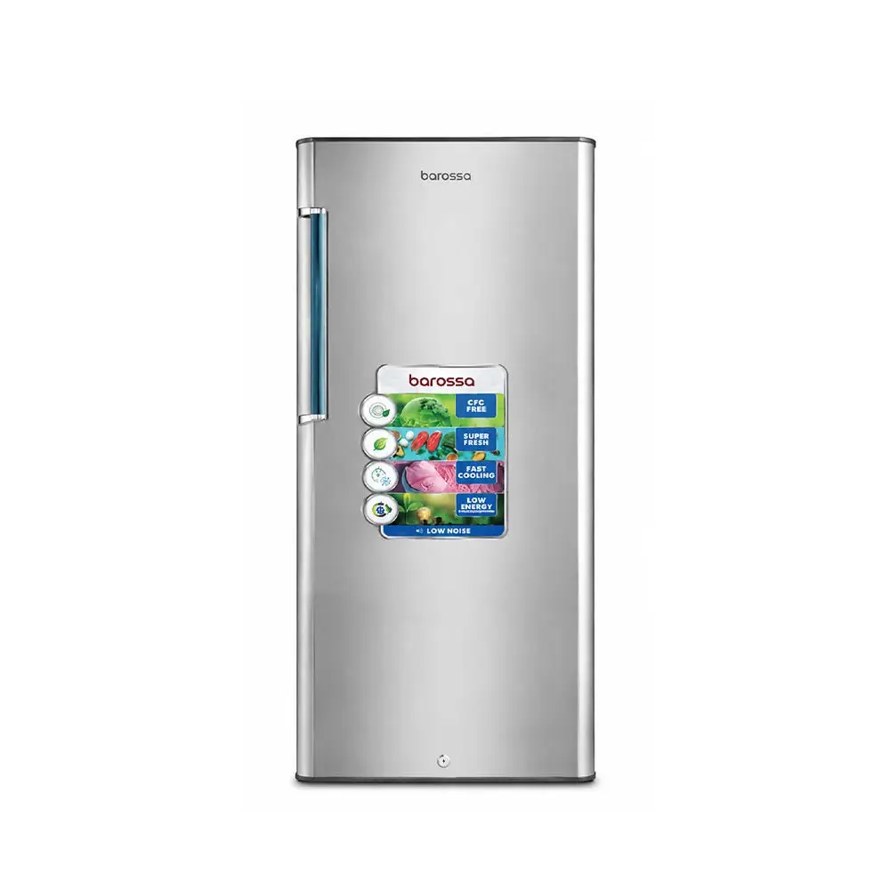 Barossa stainless steel refrigerator with a blue vertical handle on the left and a promotional door sticker Informative product photo AEON Barossa 176L Single Door Refrigerator BRS190SS