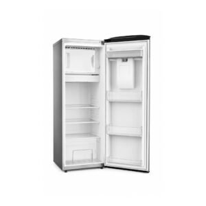 Open refrigerator with shelves and freezer compartment visible inside white interior and stainless steel exterior AEON Barossa 176L Single Door Refrigerator BRS190SW inside