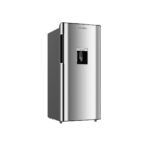 Stainless steel refrigerator with an external water dispenser on the door and a dark side panel AEON Barossa 176L Single Door Refrigerator BRS190SW side