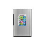 Stainless steel mini fridge with a brand sticker on the door