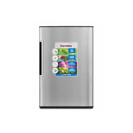 Stainless steel mini fridge with a brand sticker on the door