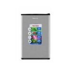 Silver Barossa mini refrigerator compact upright fridge with a colorful feature sticker on the door front