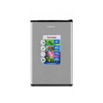 Silver Barossa mini refrigerator compact upright fridge with a colorful feature sticker on the door front