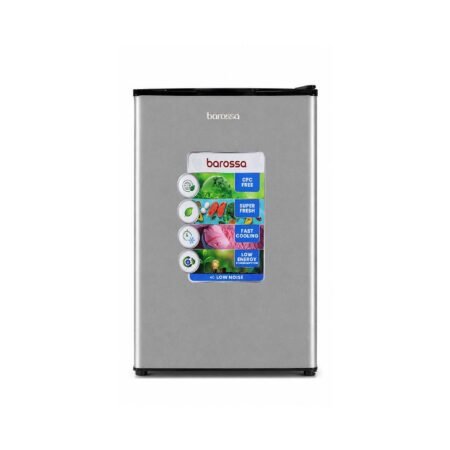 Silver Barossa mini refrigerator, compact upright fridge with a colorful feature sticker on the door front