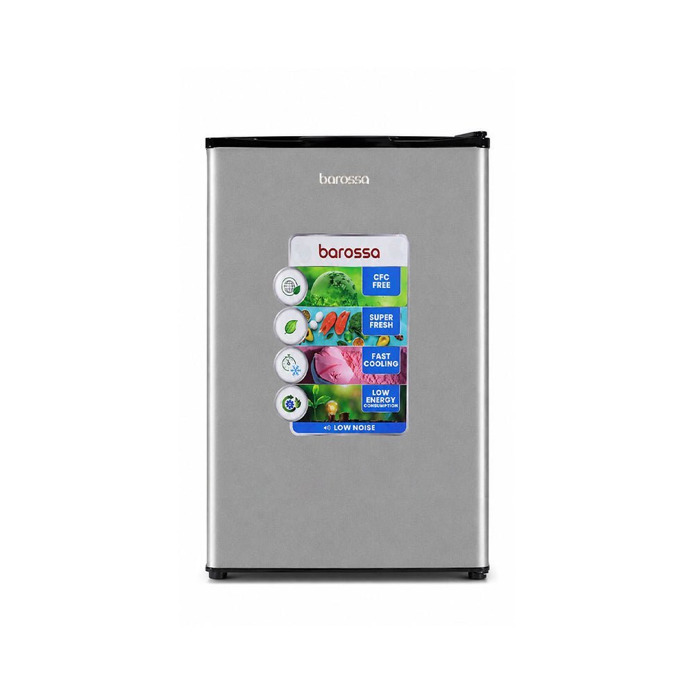 Silver Barossa mini refrigerator compact upright fridge with a colorful feature sticker on the door front