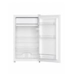 White mini fridge with a top freezer open door showing multiple shelves and a bottom crisper drawer