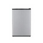 Compact stainless steel mini fridge with a single door and black top trim front view