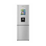 Stainless steel refrigerator with an external water dispenser on the fridge door and a bottom freezer drawer underneath