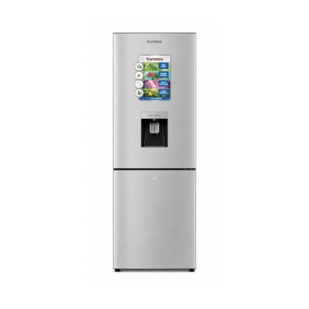 Stainless steel refrigerator with an external water dispenser on the fridge door and a bottom freezer drawer underneath.