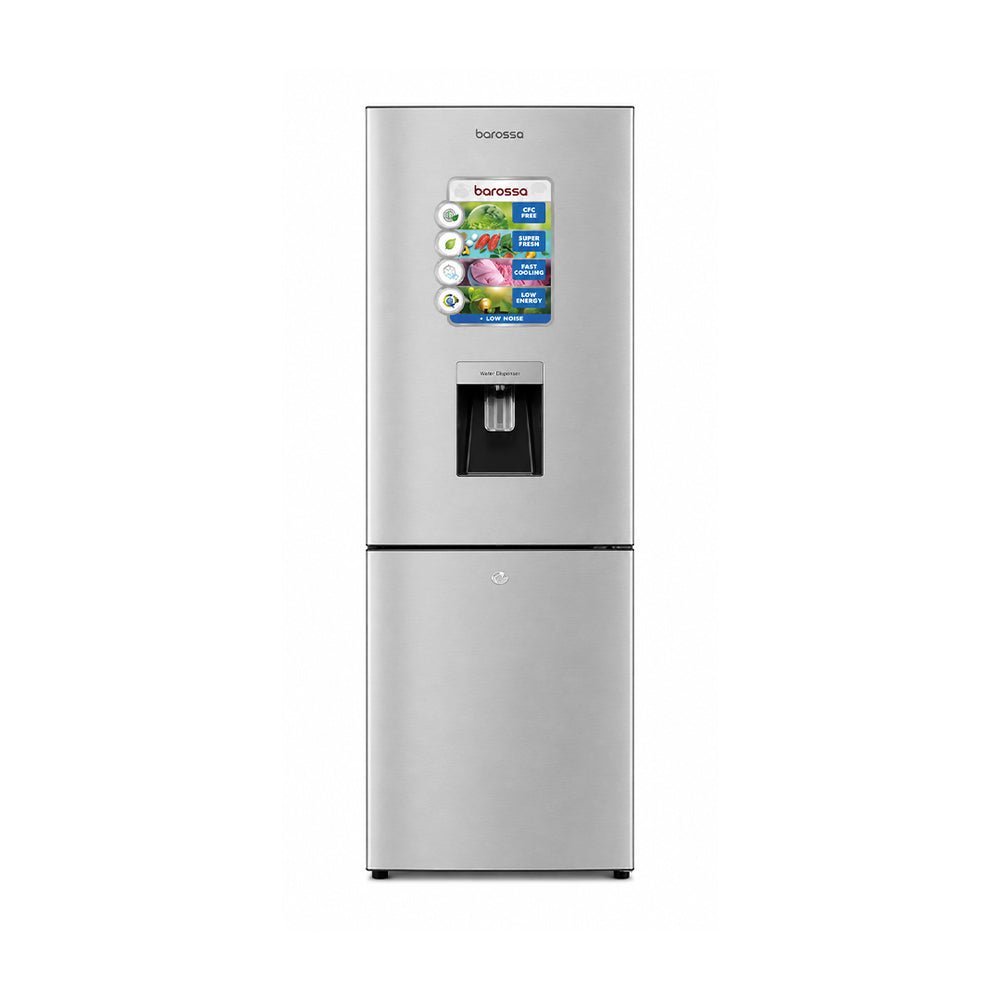 Stainless steel refrigerator with an external water dispenser on the fridge door and a bottom freezer drawer underneath