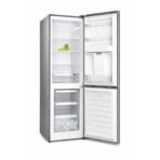 Stainless steel side by side fridge with both doors open showing empty shelves and a small cluster of grapes inside the fridge portion
