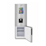 Stainless steel Barossa fridge with water dispenser top refrigerator section bottom freezer drawers open freezer showing clear bins