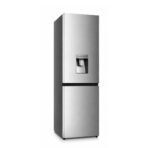 Two door stainless steel refrigerator with a bottom freezer and a built in water dispenser on the upper door