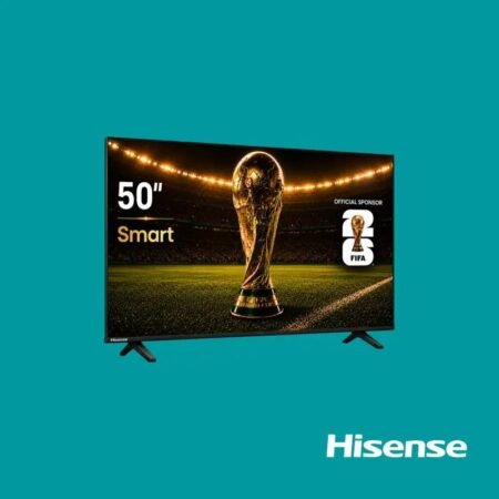 Advertising banner for a 50 inch Hisense Smart TV showing a FIFA World Cup trophy on a stadium background against a teal backdrop