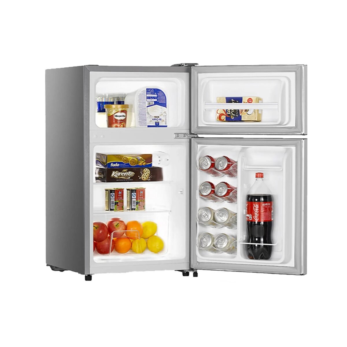 Open side by side refrigerator showing shelves stocked with dairy beverages and snacks plus a bottom fruit drawer and door shelves with cans and bottles